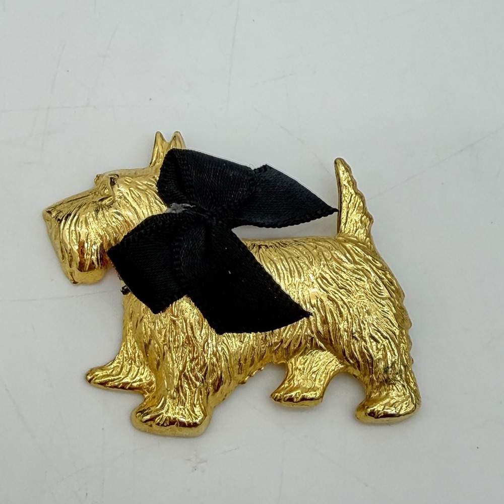 Vintage Deco Scottie Dog Pin Brooch Gold Tone Big Bow